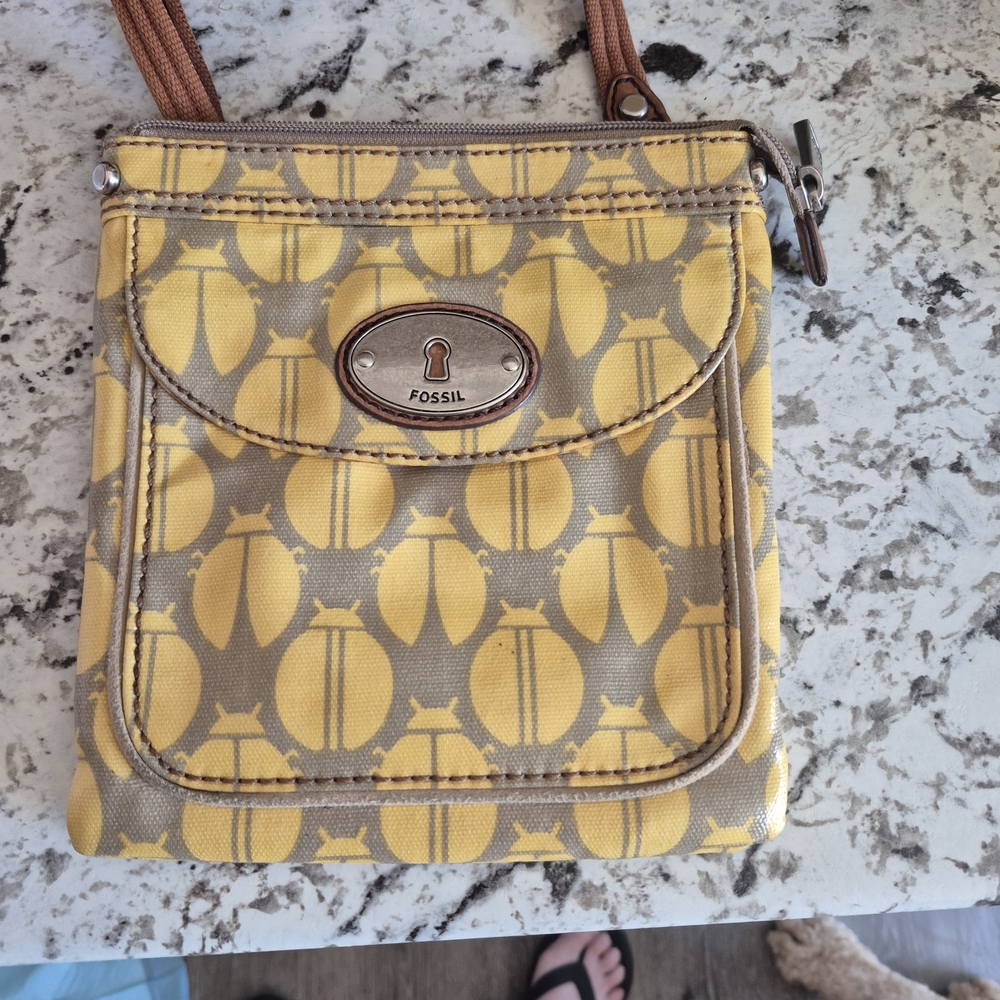 Fossil Yellow and Brown Patterned Crossbody Bag